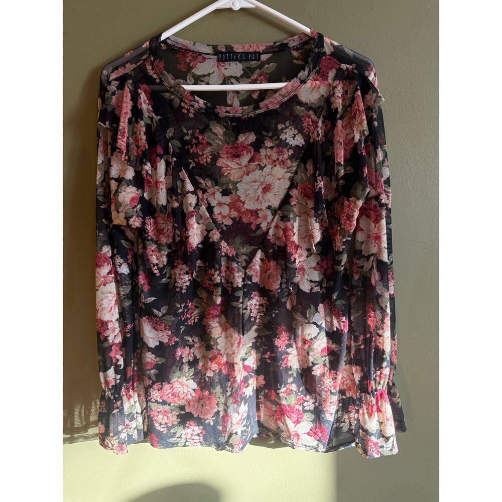 Potter’s pot black sheer floral‎ blouse womens M
